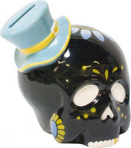 Money Bank Sourpuss Ceramic Sugar Skull & Top Hat Rockabilly