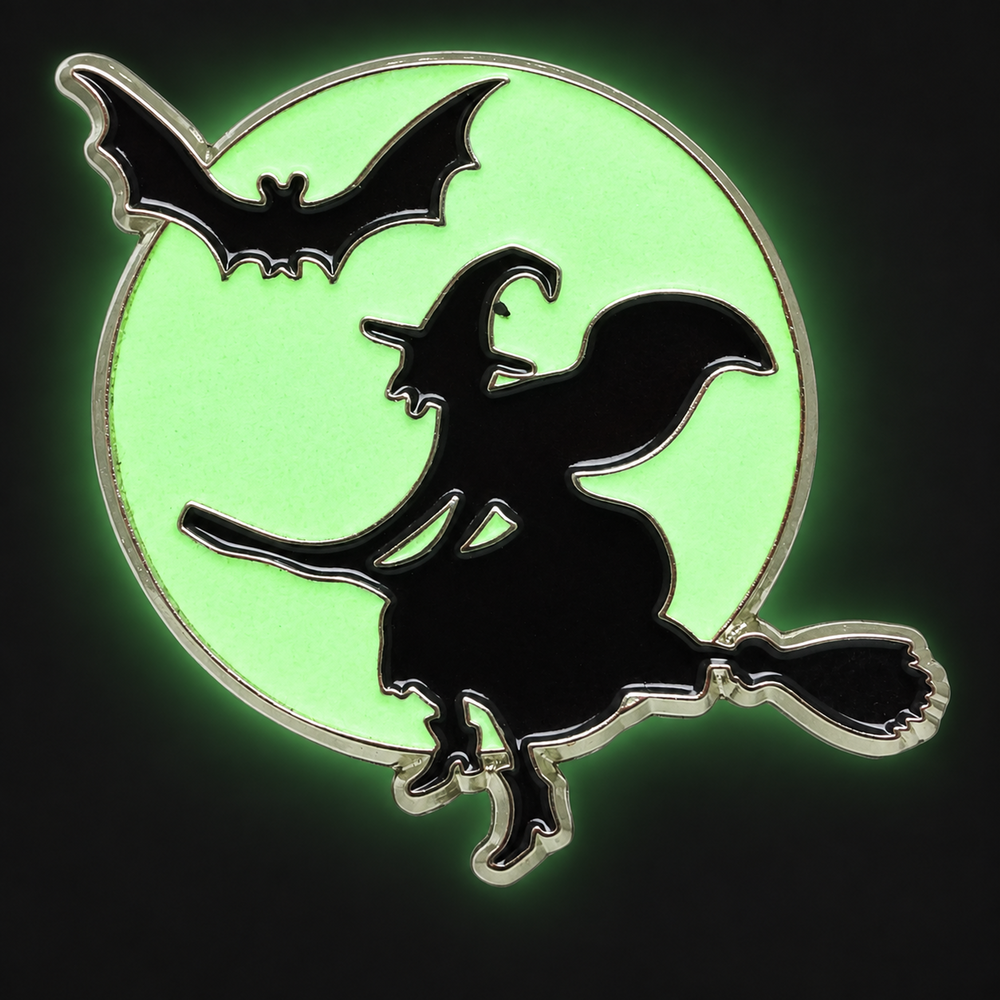 Enamel Pin - Witch And Bat In Front Of Glow In The Dark Moon